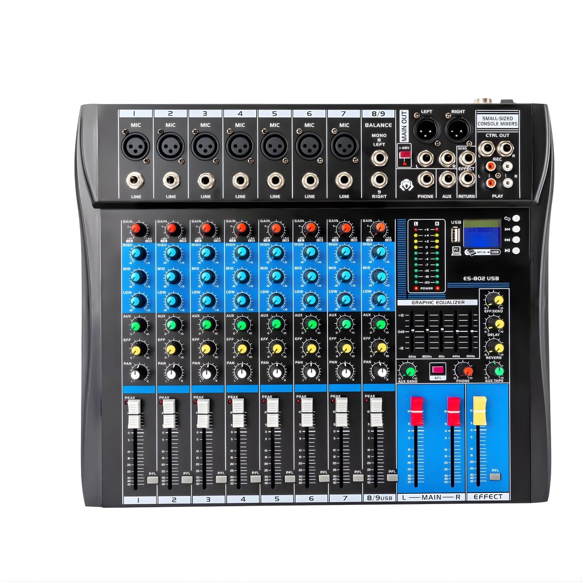 Mengpaneel – Voor Studio & DJ – 8-Kanaals Audio Mixer met USB, Bluetooth en 48V Phantom Power, Stereo Soundboard – 38×31×3,5 cm