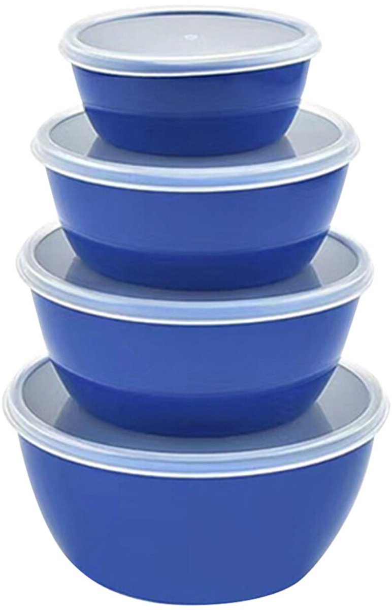 Een set van 4 ronde, luchtdichte plastic mengkommen met deksels.
