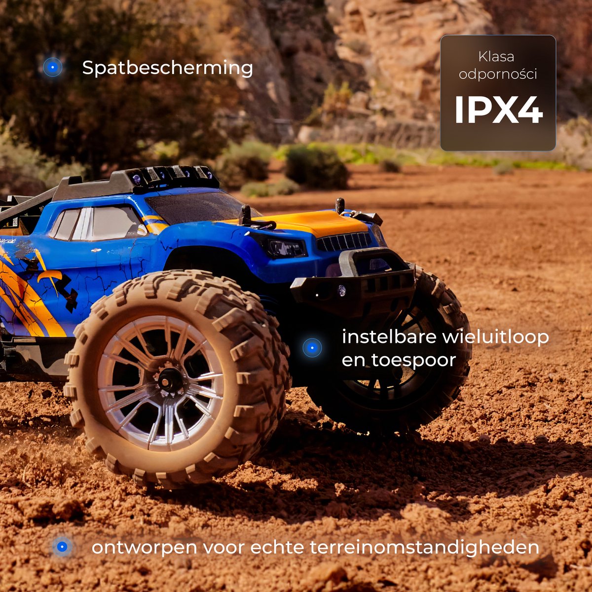 Overmax X-Shard RC auto / RC car Monster Truck 4x4 – metalen aandrijving – tot 30 km/u – LED verlichting – off-road – IPX4 – bereik 90 m – 1:16 – RTR set – 20 min rijtijd – onafhankelijke vering – vanaf 8 jaar - Bestuurbare Auto — afbeelding 17