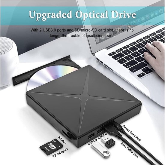 Externe DVD Speler - Optische Drive - Bestanden Archiveren - Met SD TF Kaartlezer - USB 3.0 - Zwart — afbeelding 3