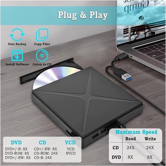 Externe DVD Speler - Optische Drive - Bestanden Archiveren - Met SD TF Kaartlezer - USB 3.0 - Zwart — afbeelding 2