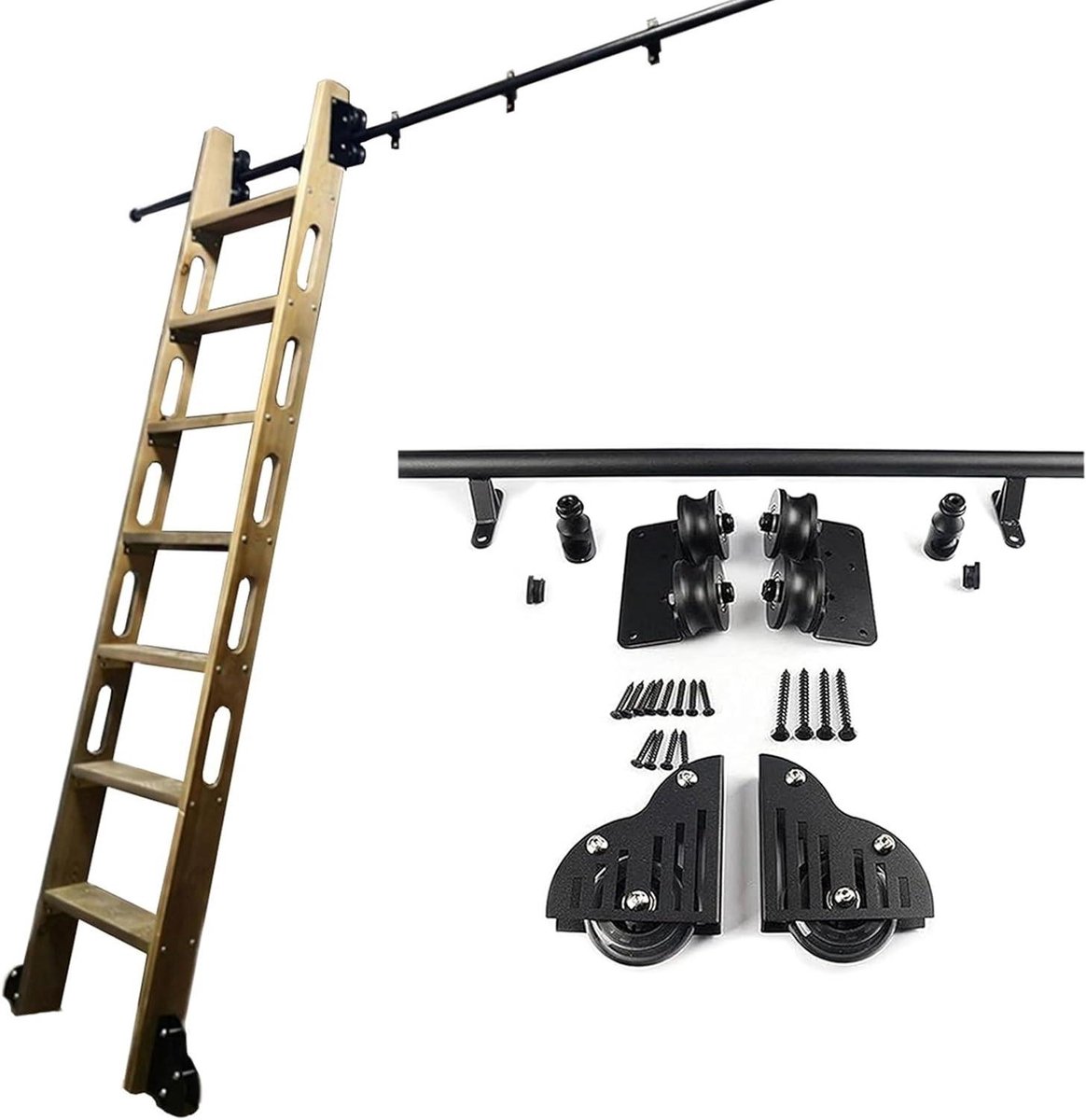 Schuifladder Montageset - Rolbaar Rolsysteem - Hoge Kasten Bereiken - Zwaar Koolstofstaal - 244 cm Rail - Zwart
