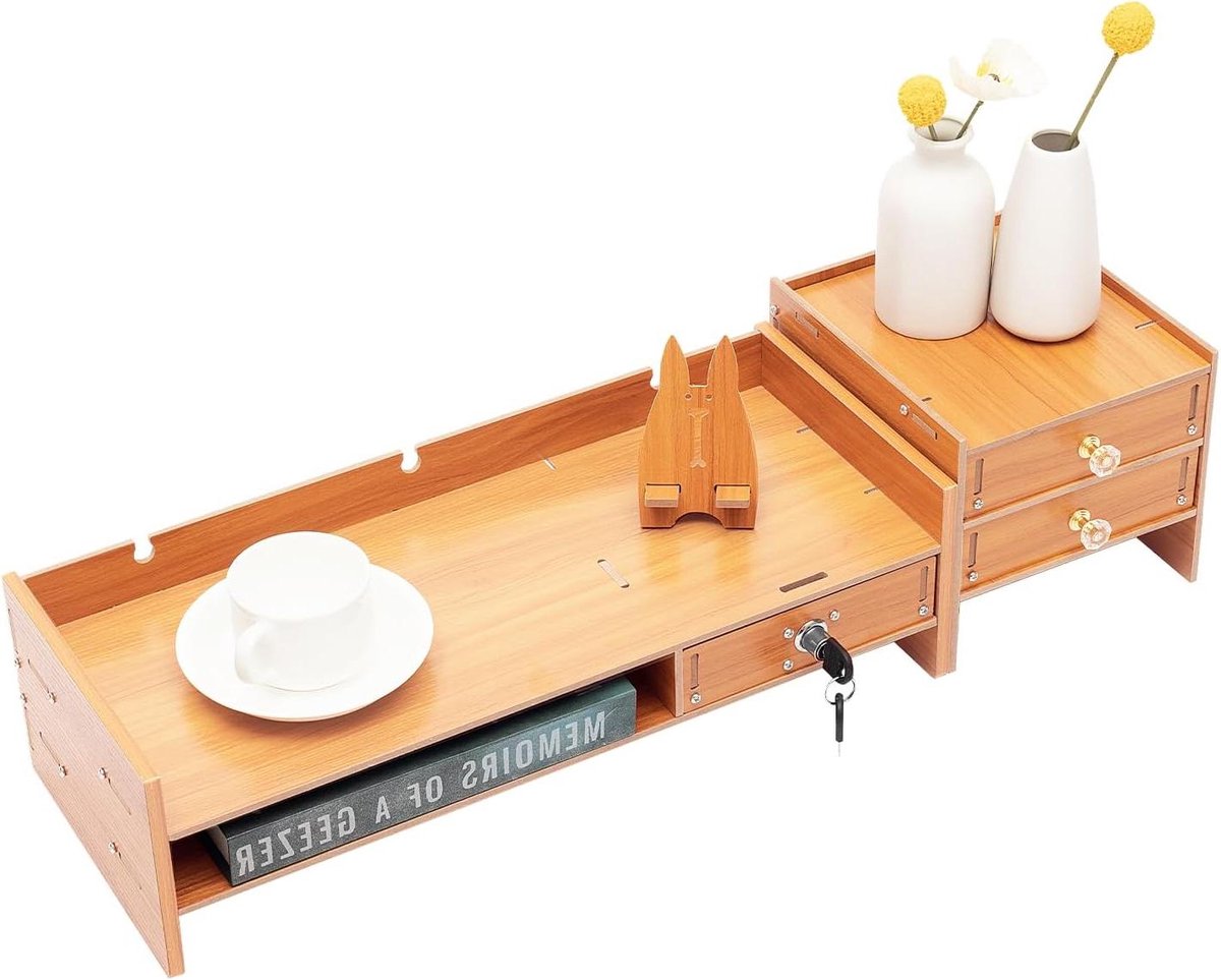 Monitorstandaard Bureau - Tafelrek Organizer - Bureau Organiseren - Met 3 Laden - 65.5 cm - Houtkleur