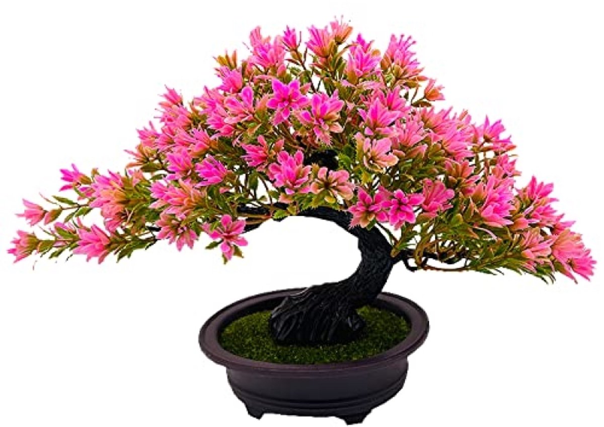 PromoHome Kunstmatige Bonsaiboom in Pot, Realistische Nep Japanse Den - Mini Kunstplant voor Thuis, Kantoor, Bureau Decoratie - 25 cm Hoog - Roze