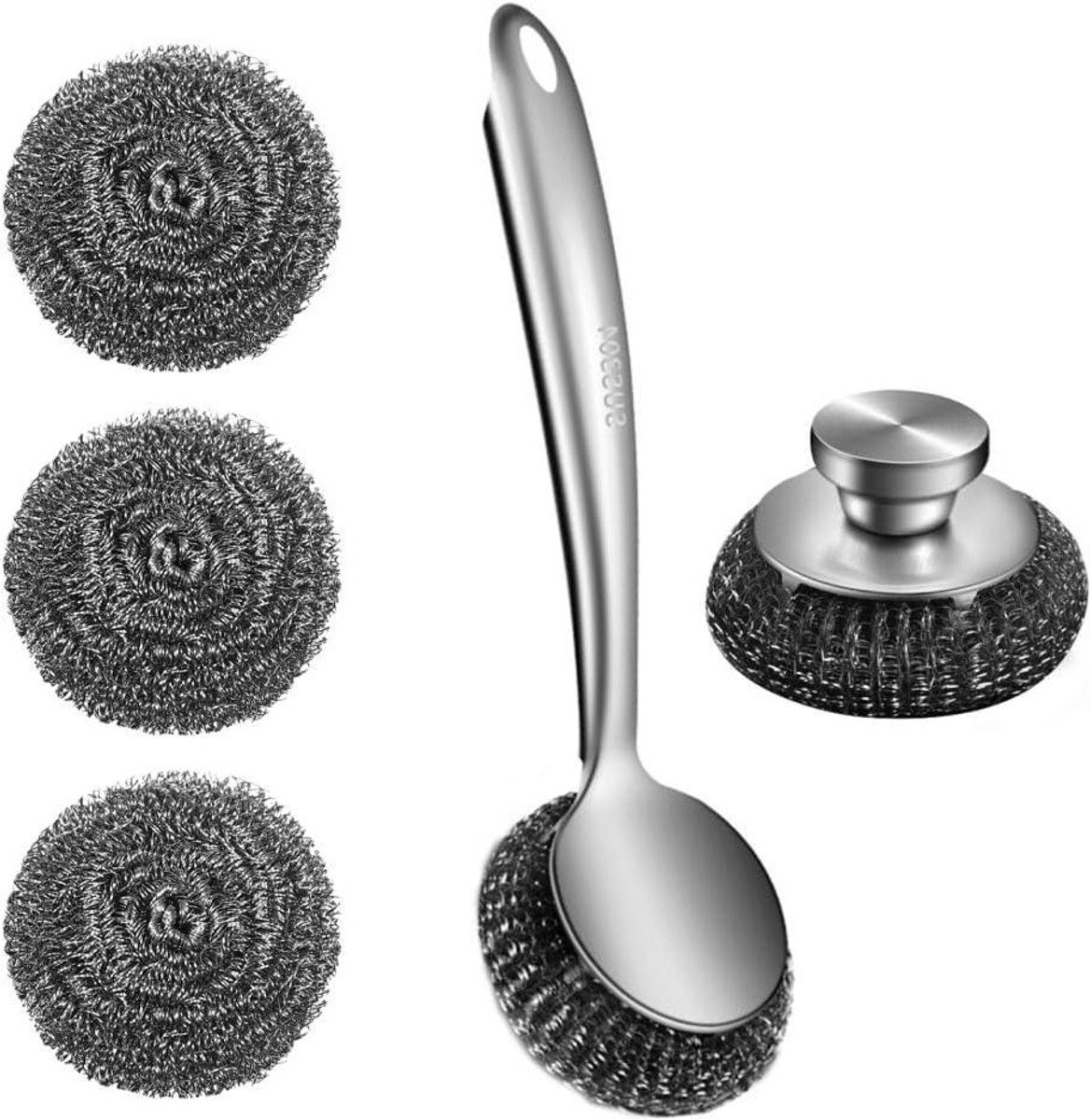 Roestvrijstalen schrobbers - Staaldraad sponzen - Keuken reinigen - Lange steel ontwerp - 5 stuks - Zilver