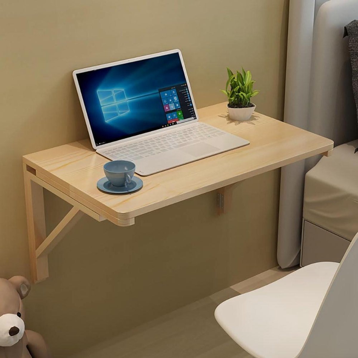 Inklapbaar Bureau - Wandbureau Tafel - Kleine Ruimte - Massief Houten - 80 x 50 cm - Natuurlijk