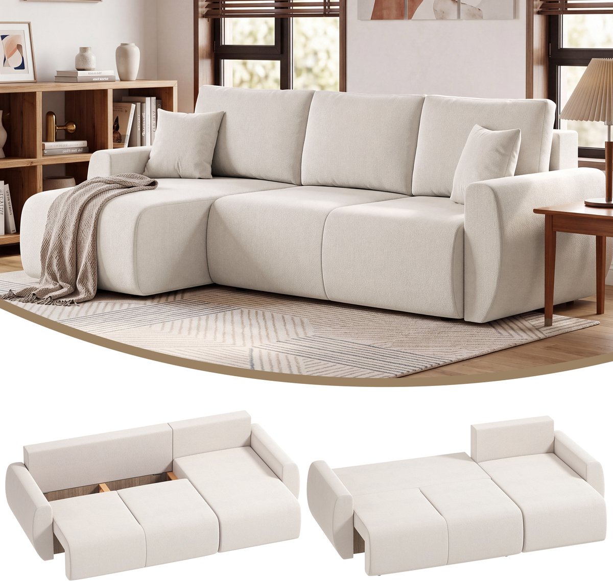 HOMCOM Sofa Bed-Polyester-250L x 140B x 90H cm-Cremeweiß