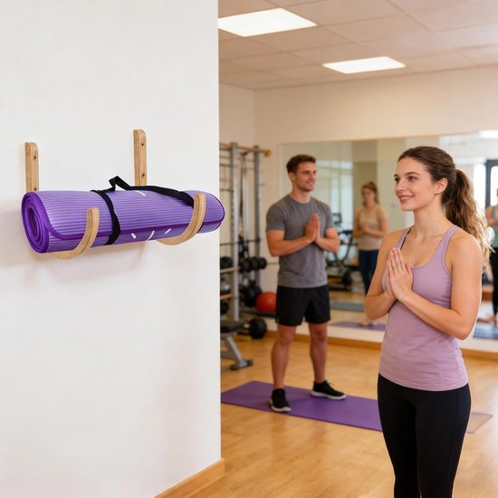 Yogamathouder - Mat organizer - Fitness opslag - Ruimtebesparend haakontwerp - 28 x 14 x 14 cm - Houtkleur — afbeelding 4