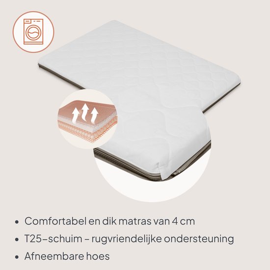 Witte matras van 4 cm dik, met afneembare hoes en T25 schuim. Was icoon.