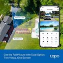 Schematische weergave van een Tapo camera met vaste en pan/tilt lens, naast een smartphone met live beelden van een huis en zwembad.