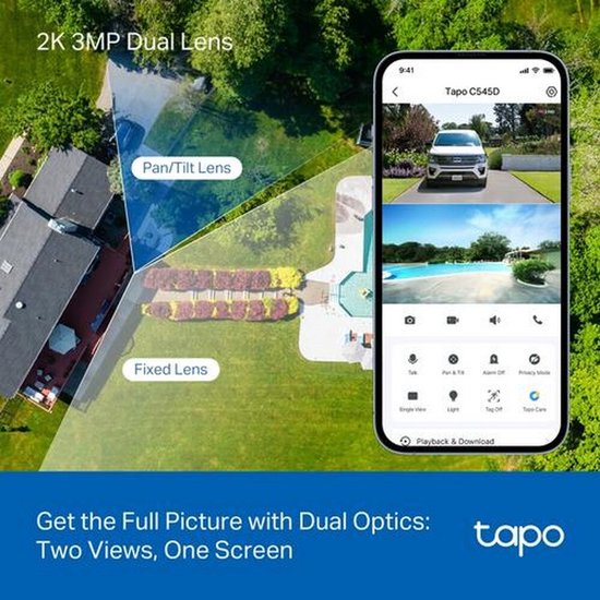 Schematische weergave van een Tapo camera met vaste en pan/tilt lens, naast een smartphone met live beelden van een huis en zwembad.