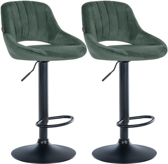 CLP Milet Set de 2 tabourets de bar - Avec dossier - Ajustable - Velours - Velours - Métal noir vert mat