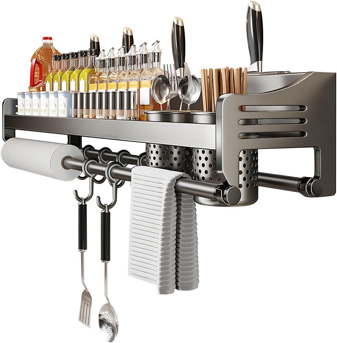 Kruidenrek - Keukenplank - Keuken organiseren - Met handdoekhouder - 40cm - Grijs