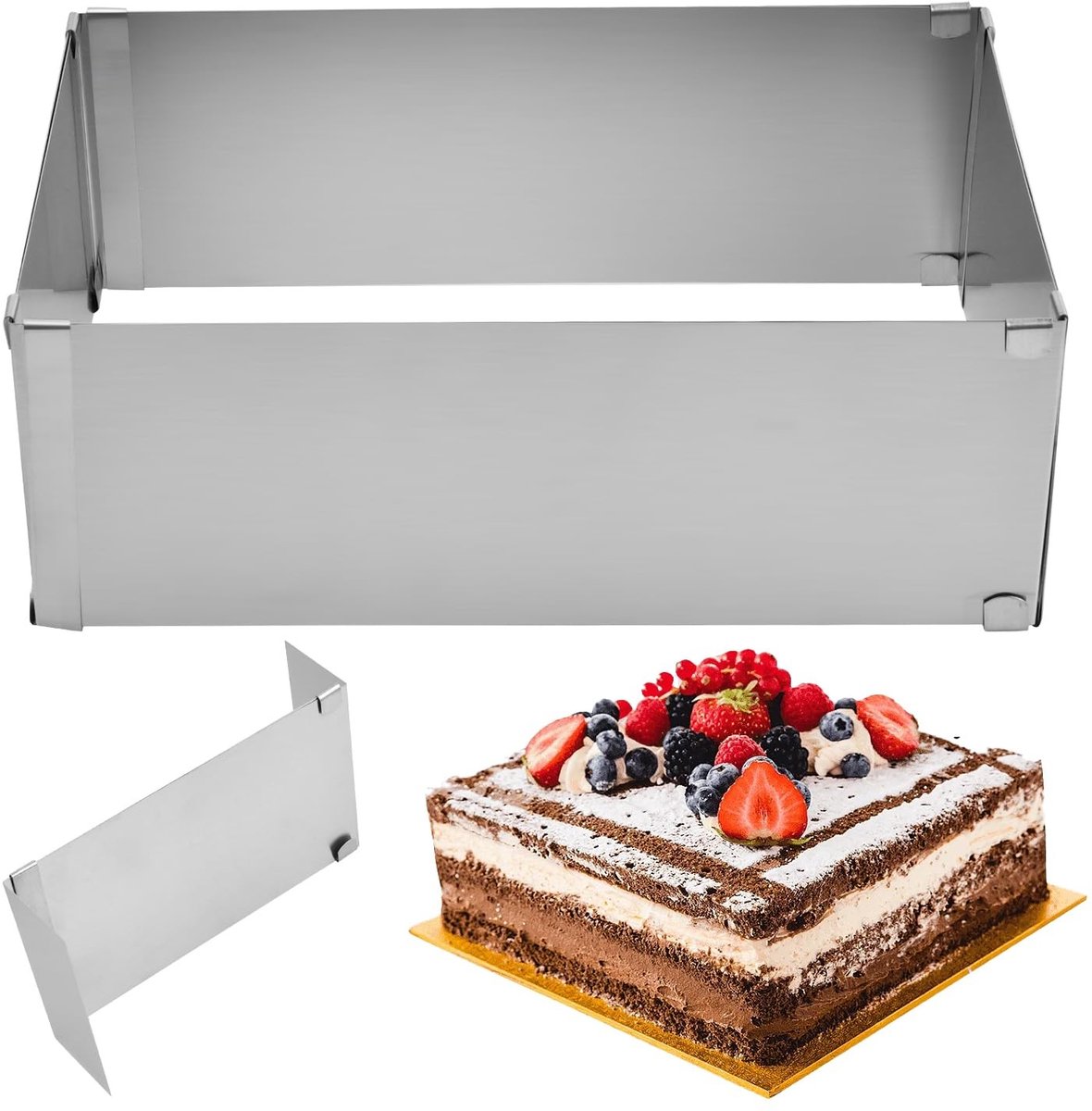 Dailygoods - Dailygoody - Vierkante taartring - Verstelbare taartvorm - Roestvrij staal - Zilver - Taart bakken - Geschikt voor bruiloft - 10 cm hoog