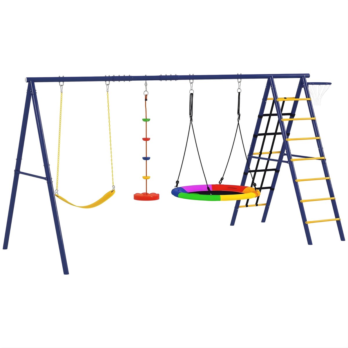 6-in-1 Schommelset voor Kinderen – Stalen Schommelframe met Bandschommel en Nestschommel – Buitenspeeltoestel – Multicolor