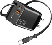 USB-C-oprolbare oplader 65 W, oprolbare oplaadkabel, voedingsadapter (inclusief kabel), 3 poorten, oprolbare oplader, snellader Geschikt voor op reis