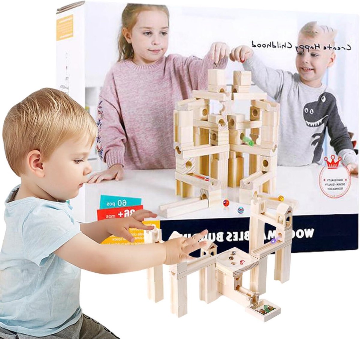 Houten Knikkerbaan - Educatief Spel - Cognitieve Ontwikkeling - 60 Stenen Inclusief - 25.6 x 24.4 cm - Mint