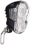 Phare noir AXA Echo 15 avec lentille transparente, double LED, circuit imprimé visible et support de fixation en métal.