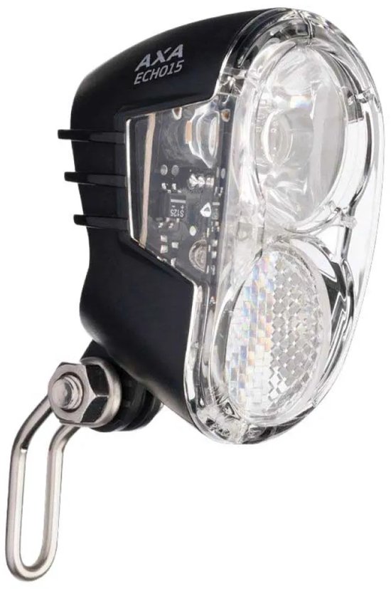 Phare noir AXA Echo 15 avec lentille transparente, double LED, circuit imprimé visible et support de fixation en métal.
