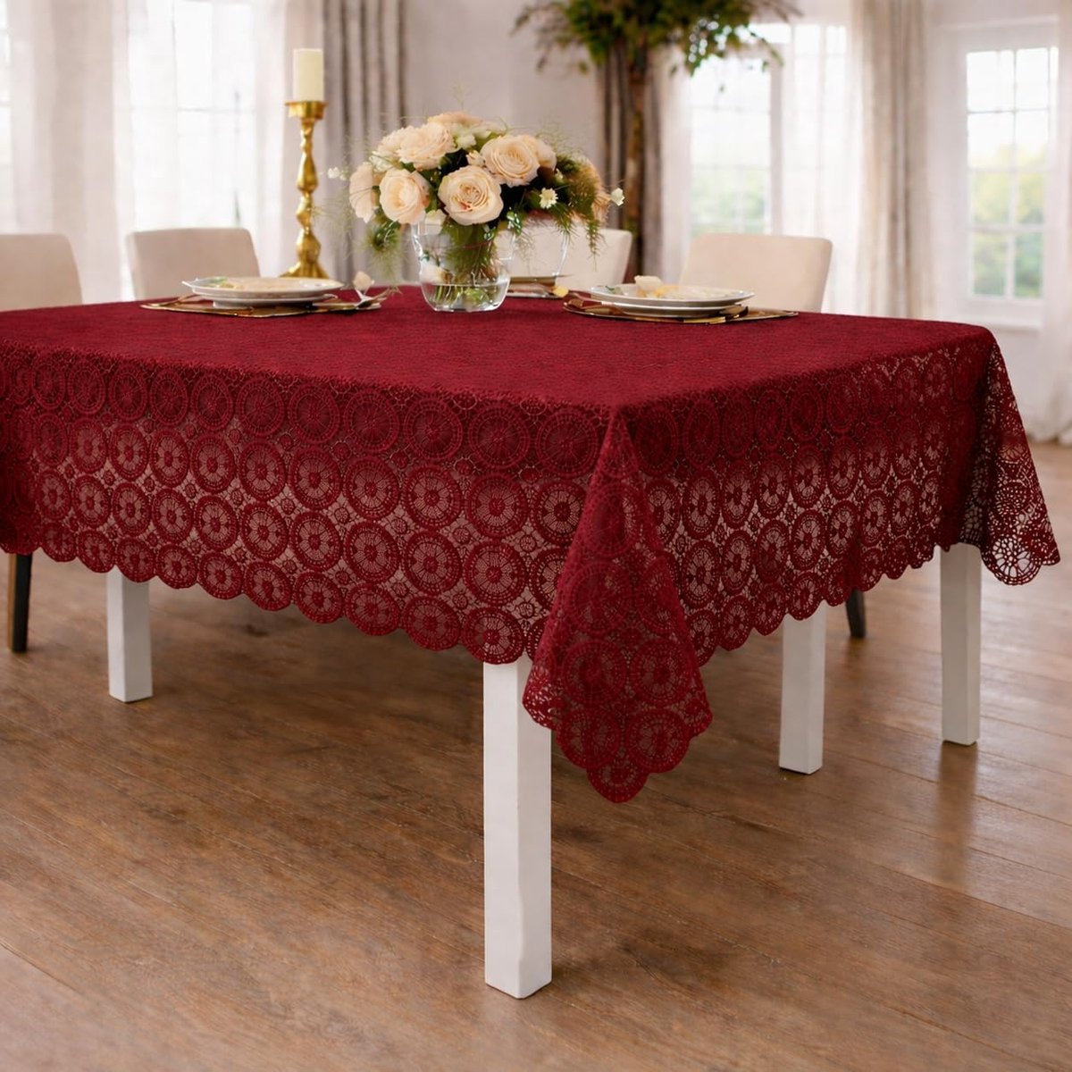 Tafelkleed - Netto kleed - Eettafel decoreren - Bloemenpatroon - 4 zits - Kastanjebruin
