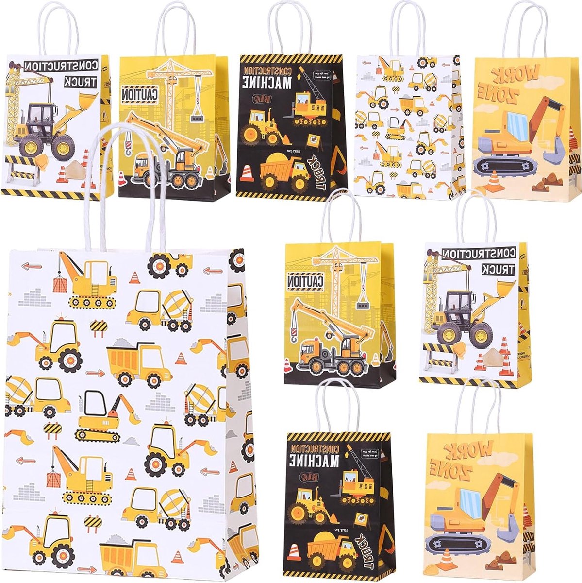 Set van 10 Papieren Cadeauzakken voor Bouwplaats, Graafmachine Thema, Feestzakken voor Kinderen, Bedankjes en Snoepzakken