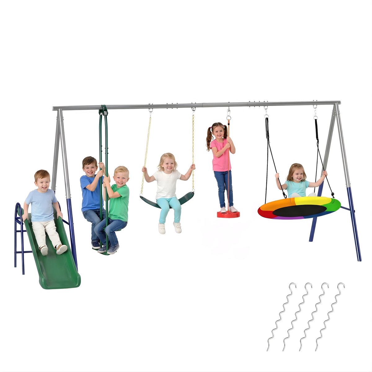 5-in-1 Schommelset voor Kinderen – In Hoogte Verstelbaar Schommelframe met Glijbaan en Nestschommel – Buitenspeeltoestel – Multicolor