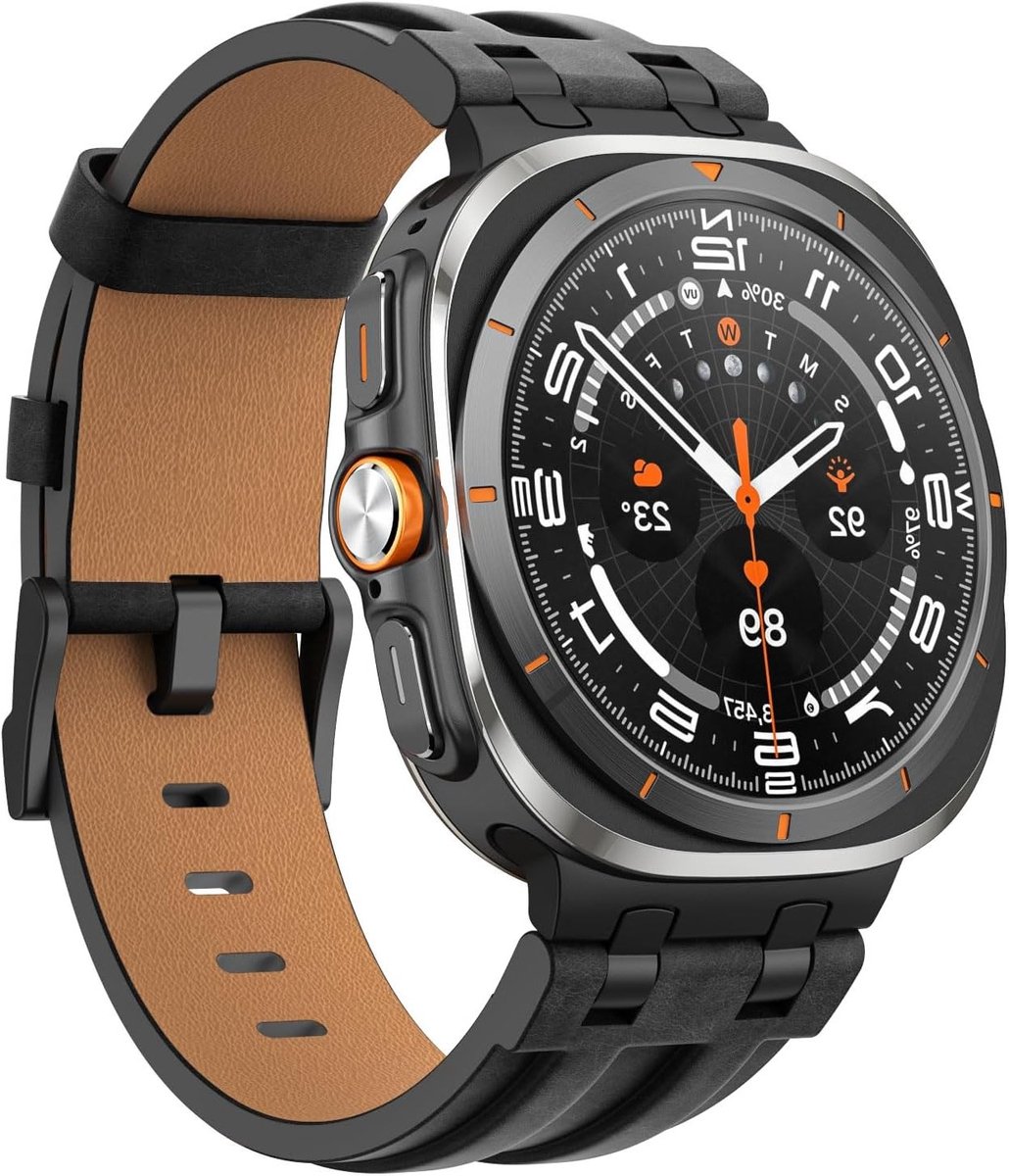 Leren Horlogeband voor Samsung Galaxy Watch Ultra 47mm - Vervangband van Echt Leer met Metalen Connector voor Mannen, Zwart en Zwart