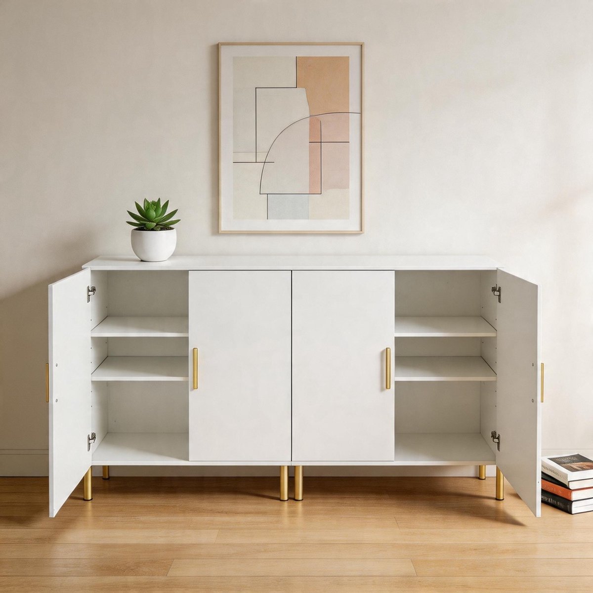 Komhtom - Moderne eenvoudige multifunctionele opbergkast in matte wit - met 4 open en gesloten deuren en gouden decoratie - eetkamerkast - 16035100 cm