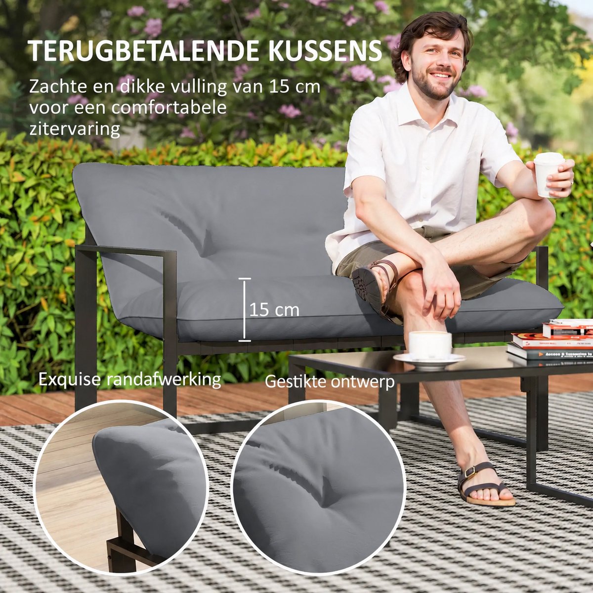 4-delige tuinset voor 4 personen met een 2-zitsbank, 2 fauteuils en 1 salontafel, grijs – foto 5