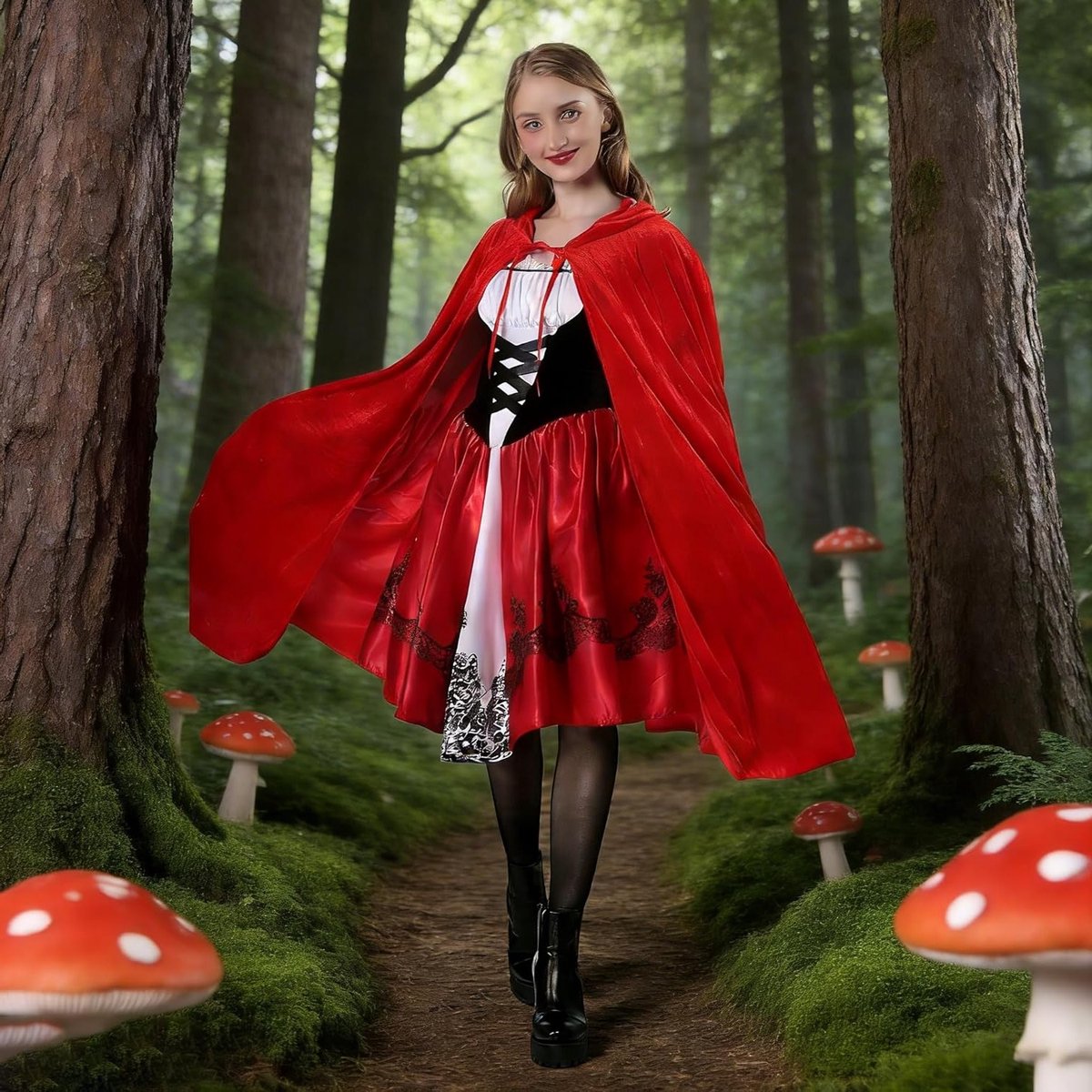 Dames Roodkapje Kostuum met Cape, Jurk en Zwarte Kousen voor Carnaval, Halloween en Feestjes