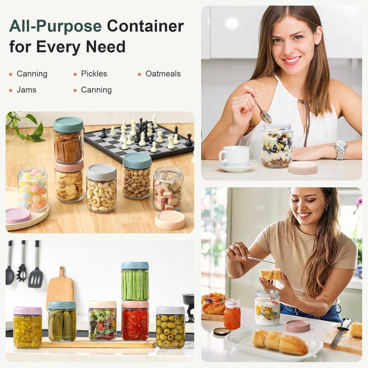 Set van 6 overnight oats-bakjes van 480 ml met deksels, glazen potten met luchtdichte deksels, Mason saladepotten met brede opening, glazen bewaarcontainers voor snacks, yoghurt, specerijen en suiker. — cadeau in Kookcadeaus - foto 4
