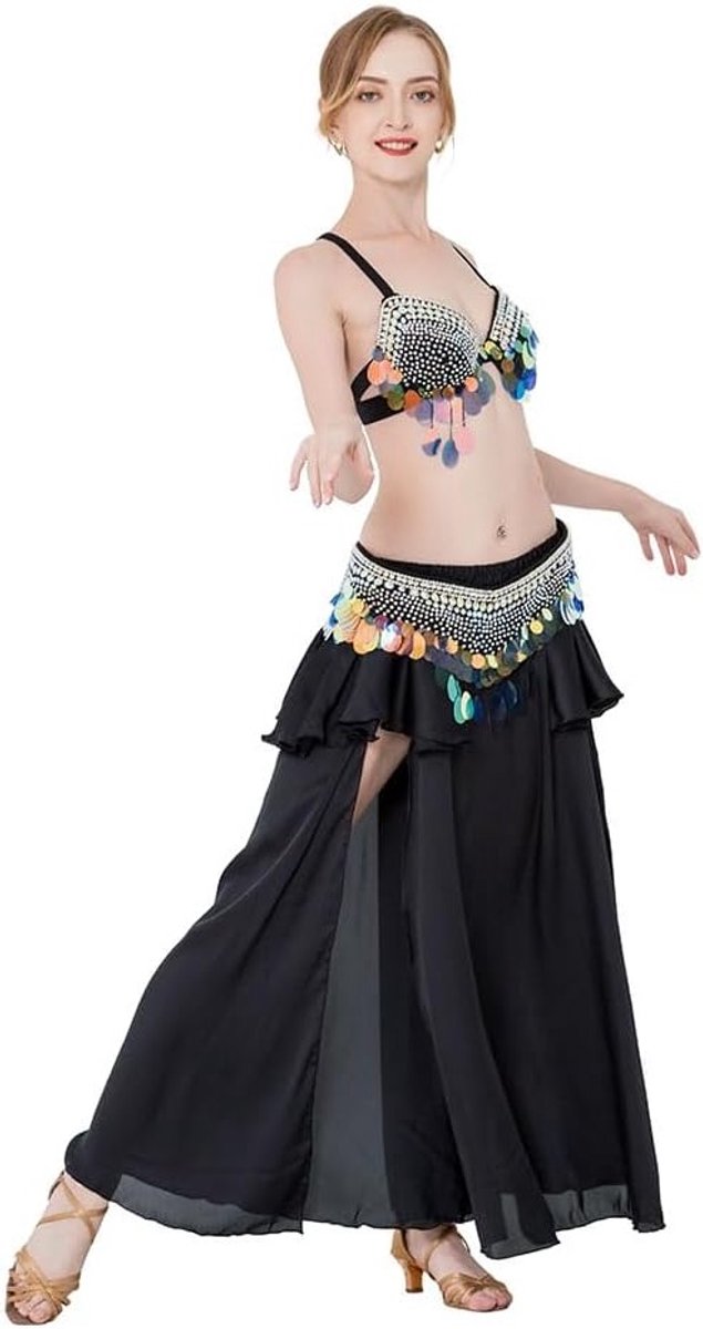 Tassel Buikdans Kostuum voor Vrouwen met Strass, Beha, Riem en Rok - Drie Delige Set voor Buikdansen in Zwart, Perfect voor Danslessen en Optredens