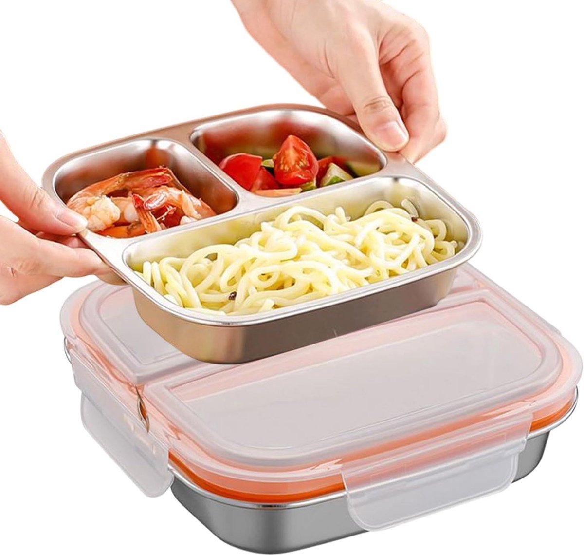 Lunchbox RVS - Voedselcontainer - Maaltijden Meenemen - Drie Vakken - 600ml - Wit