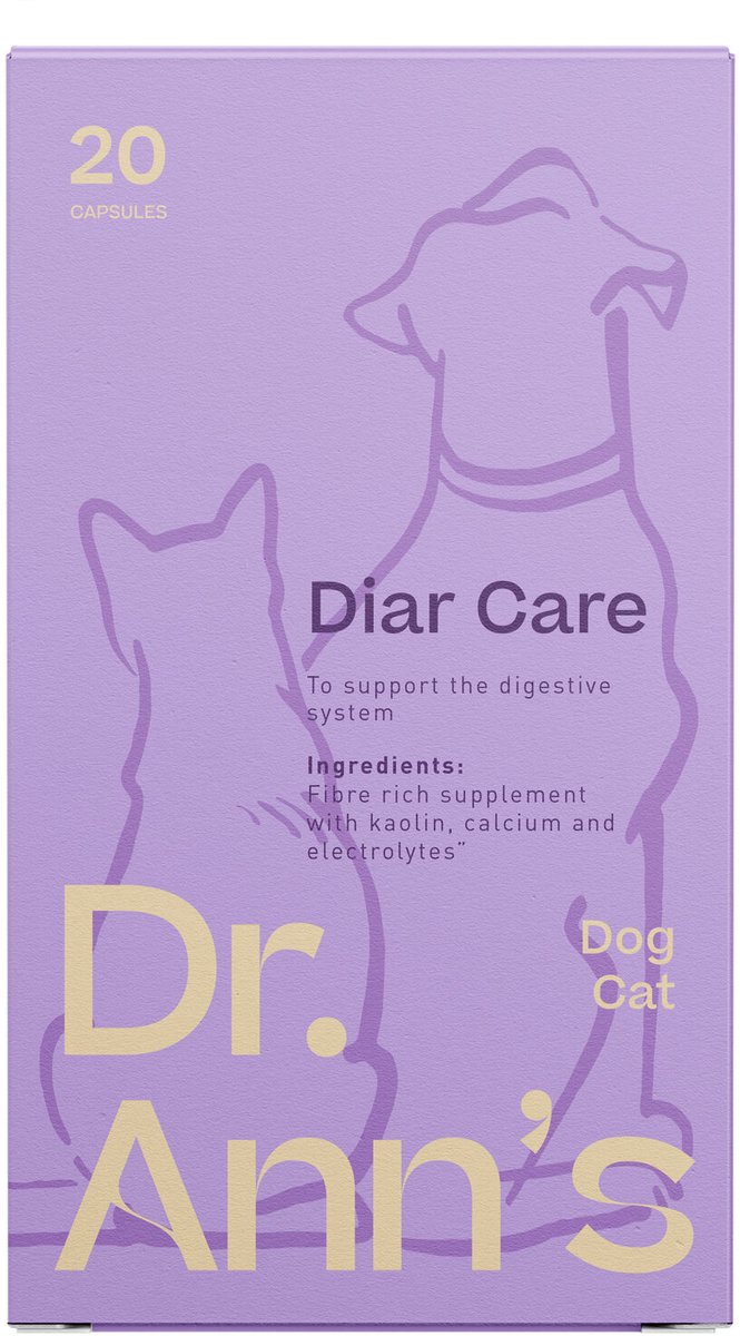 Dr. Ann's Diar Care Honden Supplementen - Diarreeremmer voor Hond en Kat - 2 x 20 Capsules - Bij Acute Diarree - Vezelrijk - Eenvoudige Toediening - Ontwikkeld door Dierenartsen