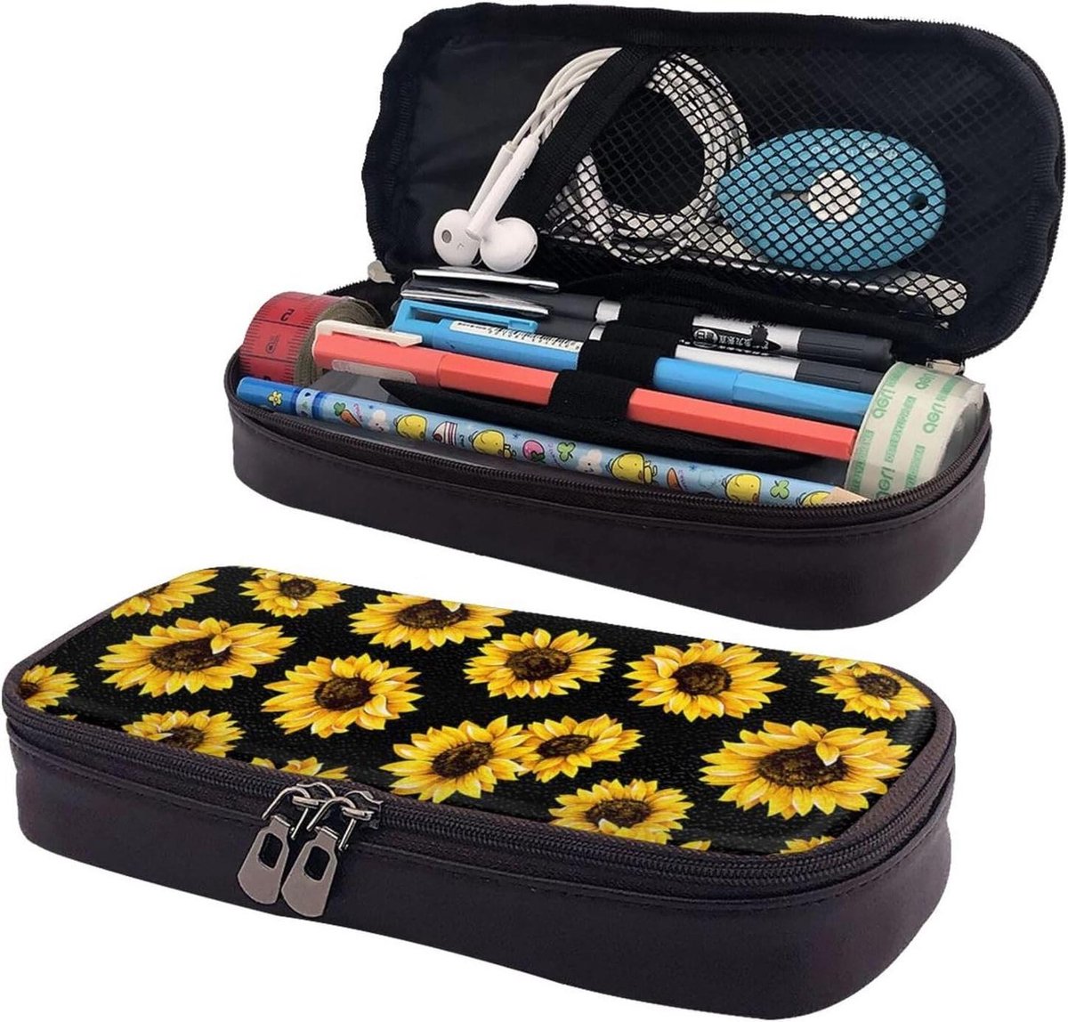 Lente Zonnebloemen Bloemen Gedrukt Leuke Potlood Case Esthetische Potlood Pouch Speciale Pen Case Kunstleer Potlood Tas Duurzame Potlood Doos Rits Potlood Gevallen Voor Mannen Vrouwen Kantoor Werk En