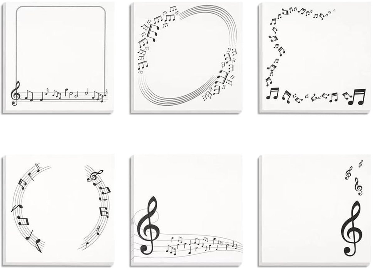 Dailygoods - Dailygoody - Muziekthema Sticky Notes - Zelfklevende Memo Pads - Comfortabel Schrijven - Zwart-wit - Draagbaar 6-pack - Ideaal voor Kinderen en Student