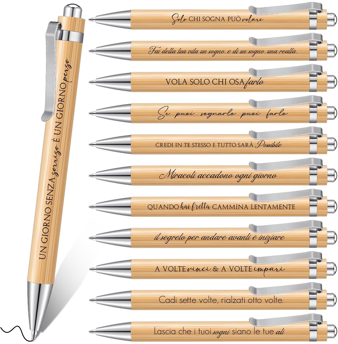 Dailygoods - Dailygoody - Motivatiebalpennen - Inspirerende Bamboehouten Stiften - 12 Stuks - Kantoor - Schrijven - Geschikt voor Studenten en Kinderen