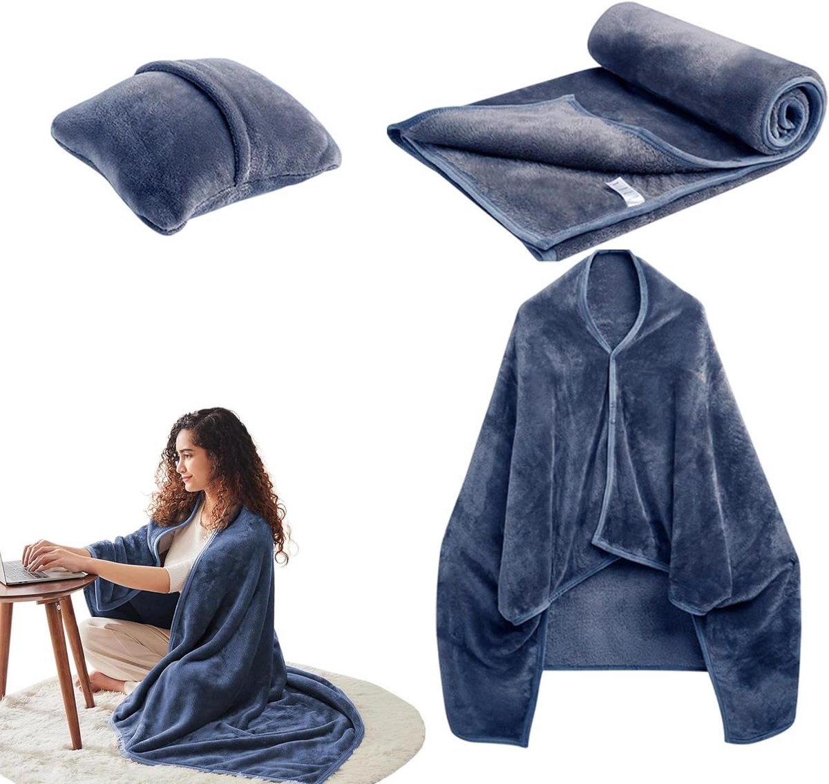 Reisdeken Kussen - Vliegdeken Poncho - Comfortabel Reizen - Zacht Flanel Materiaal - 127 x 152 cm - Navy Blauw