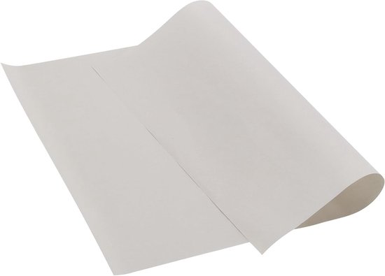 Een lichtgrijs vel papier, deels opgerold, met de linkerbovenhoek omgeslagen.