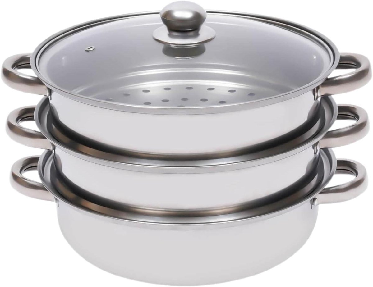 Stoompan Set - Stapelbaar Kookgerei - Gezond Koken - Roestvrij Staal - 28 cm - Zilverkleurig
