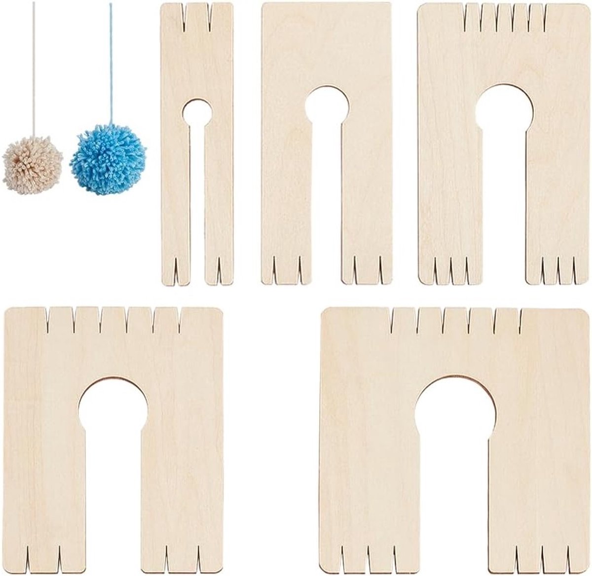 5-delige houten pompom maker set met verschillende maten, ideaal voor het maken van kwasten, weven en knutselen met garen en linten