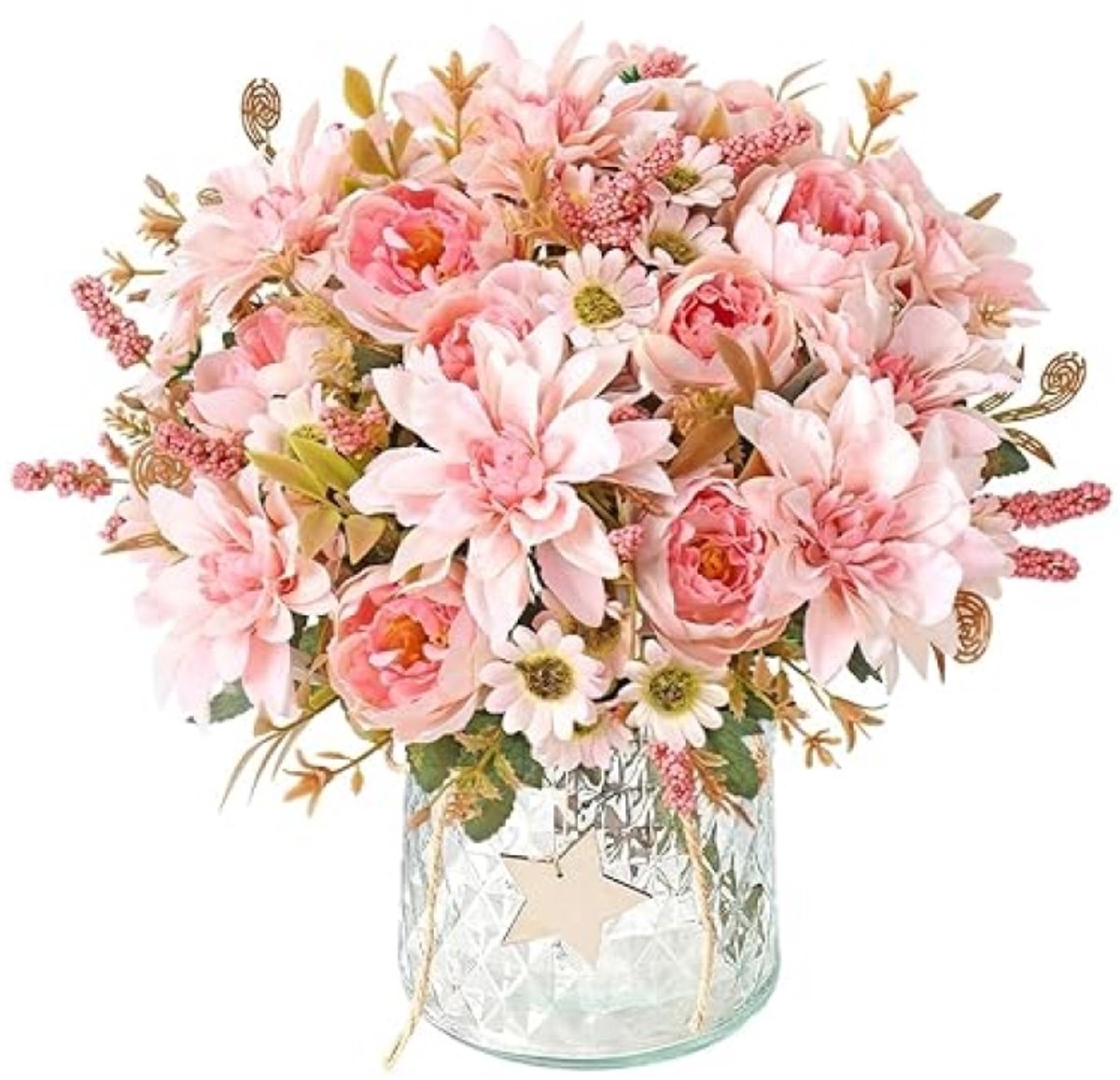 PromoHome 4 stuks kunstbloemen boeket - Roze Dahlia's & Pioenrozen - Zijde bloemen voor vaas - Decoratie voor bruiloft, feest, tafelstuk - Binnen & buiten