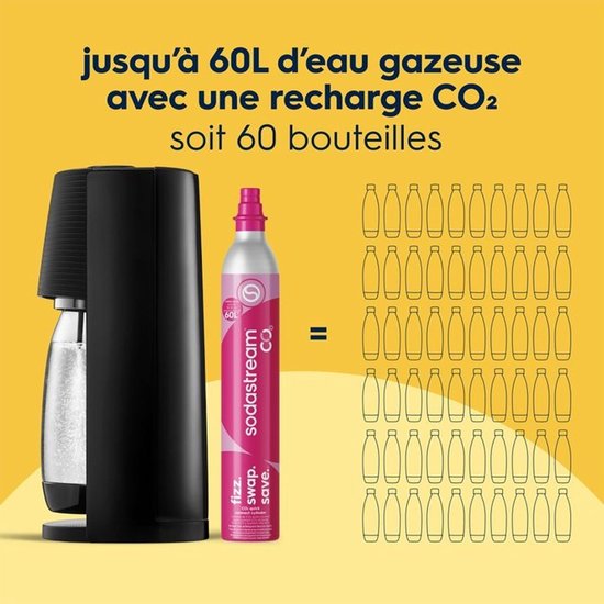 Zwarte Sodastream met CO2-cilinder, goed voor 60 liter bruiswater.