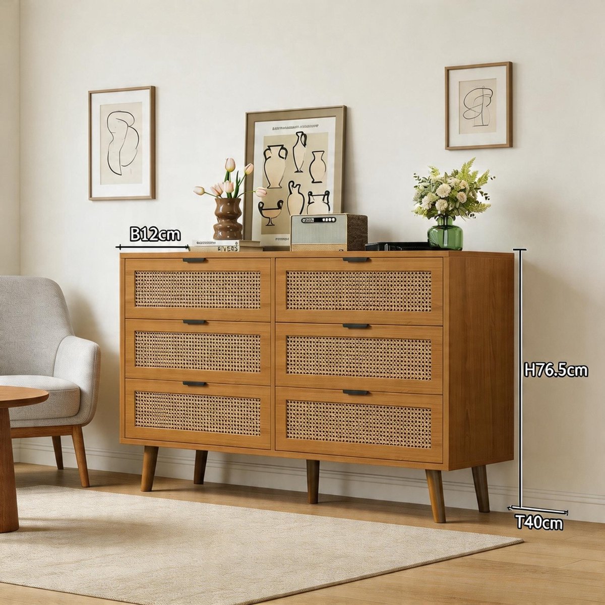 KOMHTOM Commode met 6 lades - ladekast van hout met metalen handgrepen - veel opbergruimte - voor slaapkamer, woonkamer, kantoor - B120/H76,5/D40 cm Walnoot