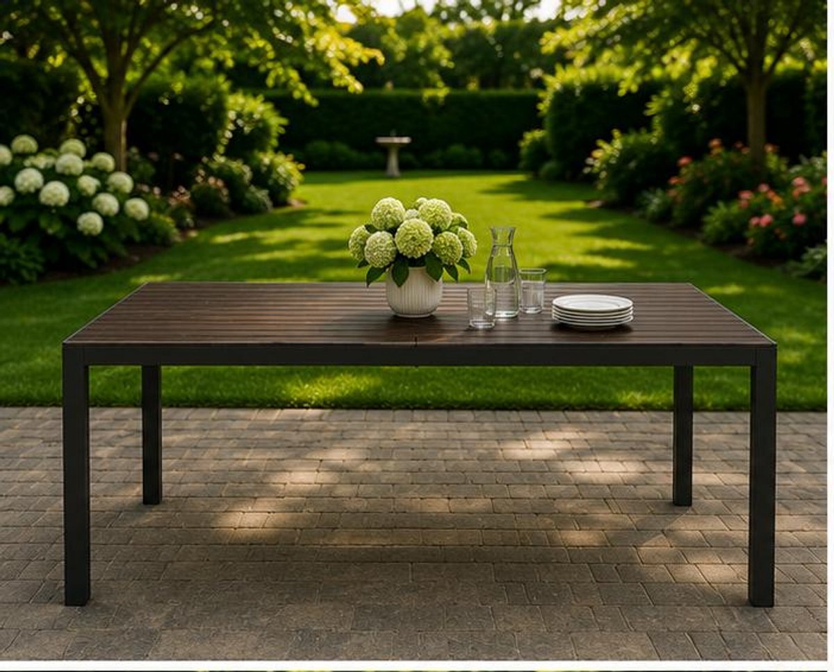 Tuintafel 150x90x75 cm – Aluminium Eettafel met WPC Tafelblad – Weerbestendige Outdoor Tafel voor 6 tot 8 Personen – Moderne Terrastafel voor Tuin, Balkon en Veranda – Antraciet Donkerbruin – Mobili Bella