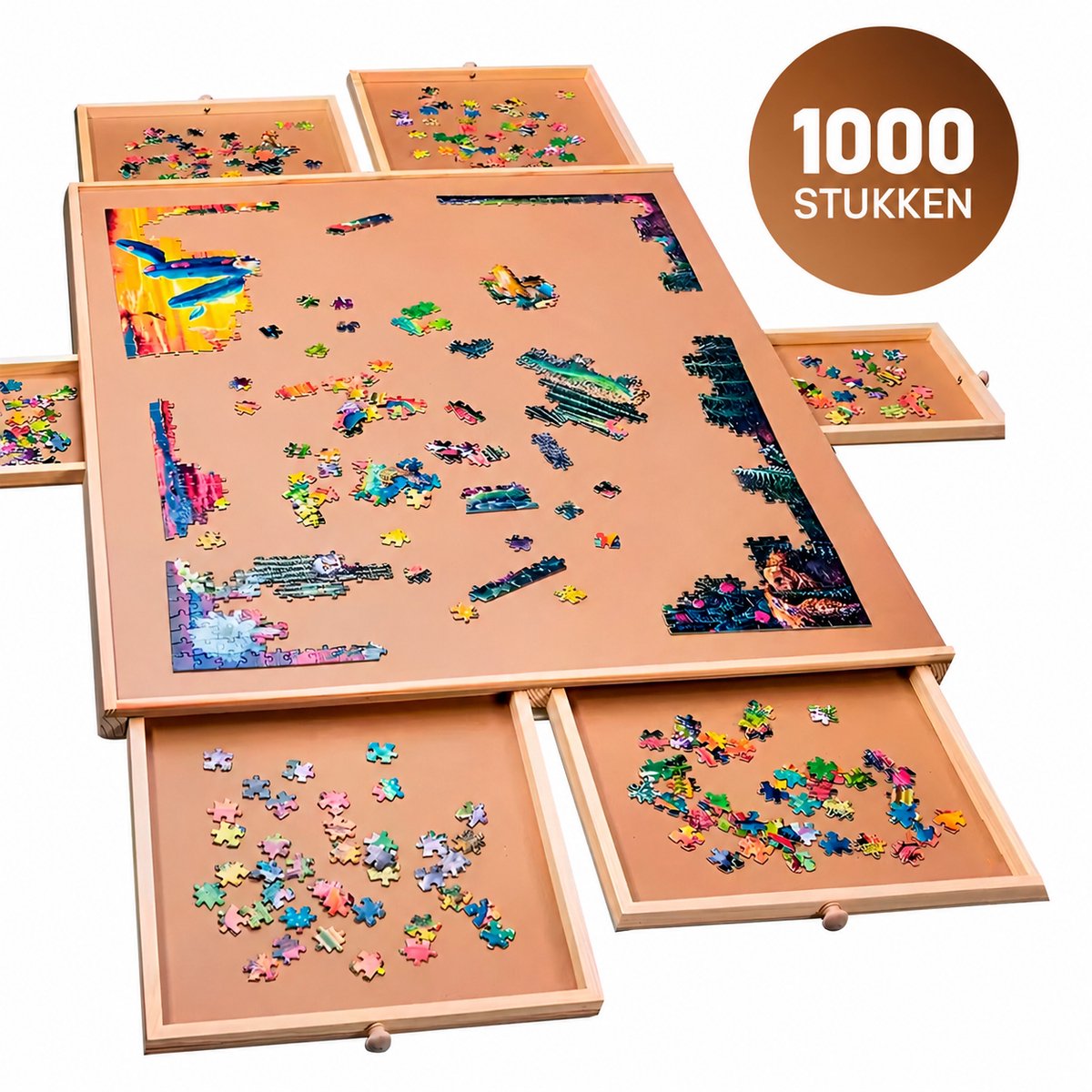 Asawa Puzzelbord - Puzzelplaat Draaibaar met Opbergsysteem - 1000 Stukjes - 74x52 cm - 6 Lades - Houten Puzzeltafel - Puzzelmat - Puzzelmap - Portapuzzle
