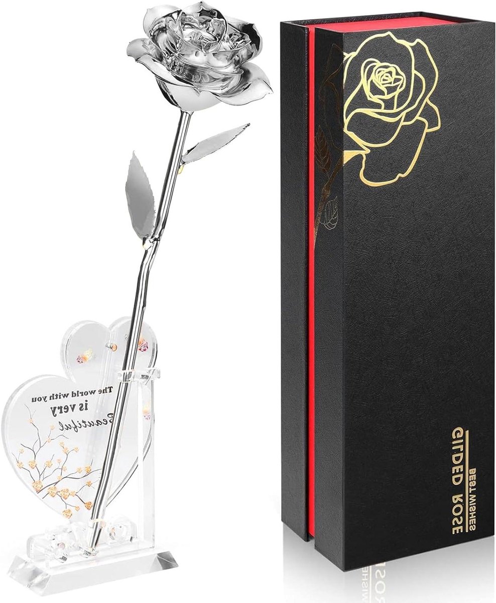 Gouden Roos Decoratie - Eeuwige Roos Goud Verzilverd - Cadeau Geven - Echt Hars Geconserveerd - 1 Stuk - Zilver