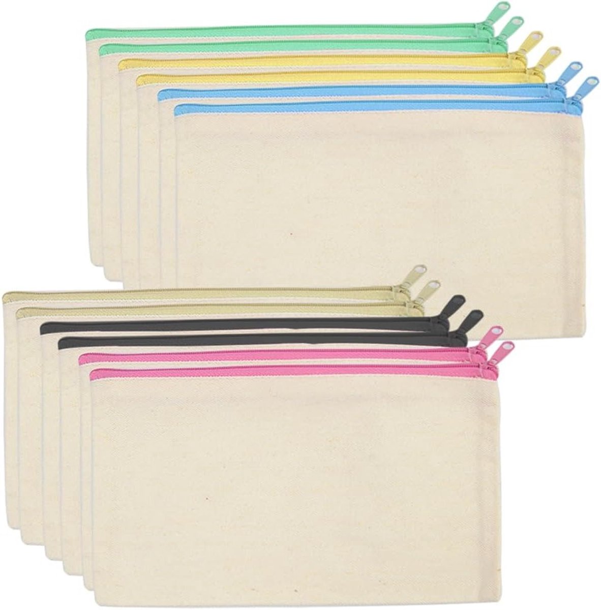 Set van 12 Canvas Make-up Tassen met Rits - Cosmetica, Reisopslag en Creatieve Pen Tassen 21x12cm