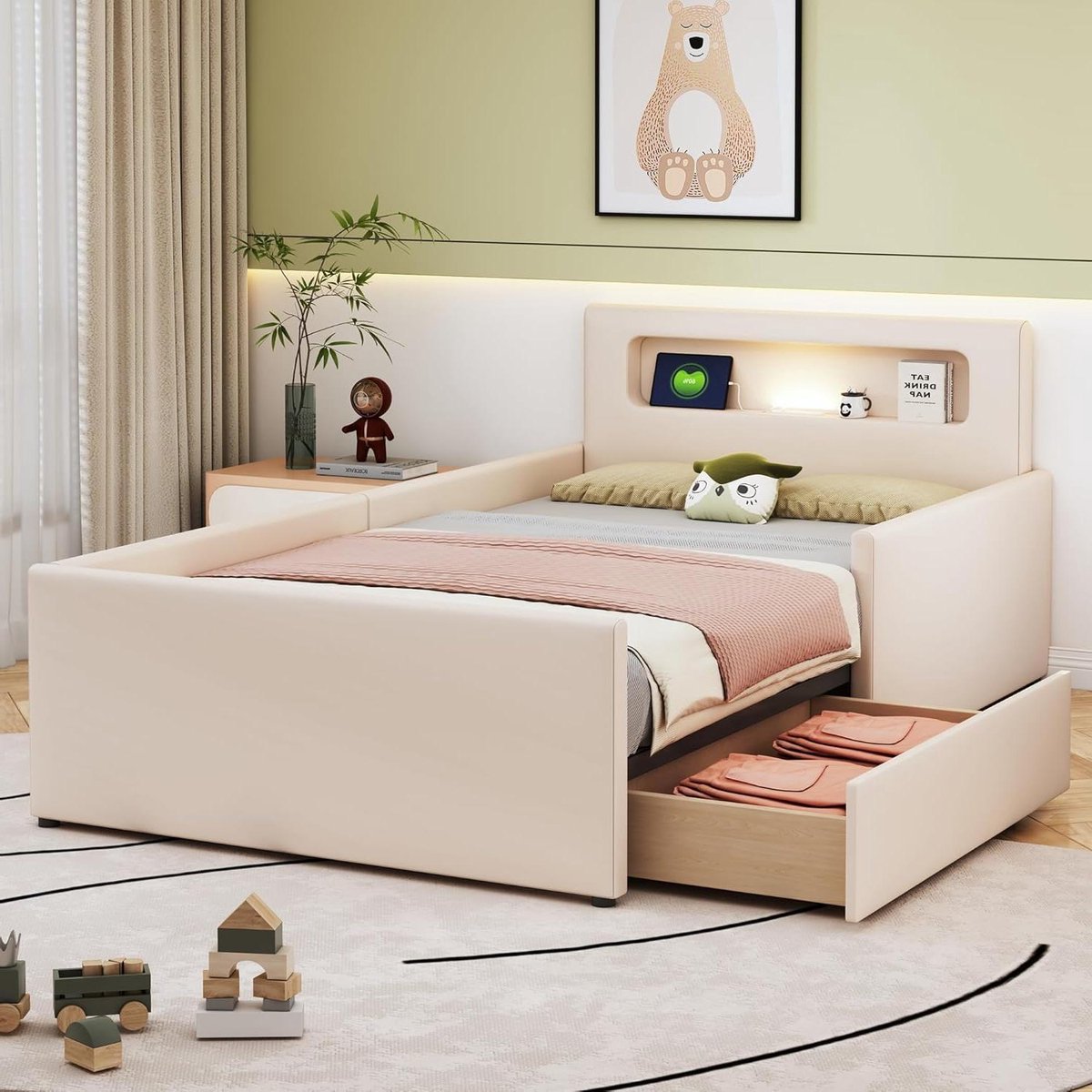 YESGIGA Gestoffeerd bed kinderbed 90 x 200 cm, met nachtlampje en USB-oplaadpoort, met opbergvakken, verhoogde zijkanten voor veiligheid, eenvoudig eenpersoonsbed, jongens- en meisjesbed (beige)