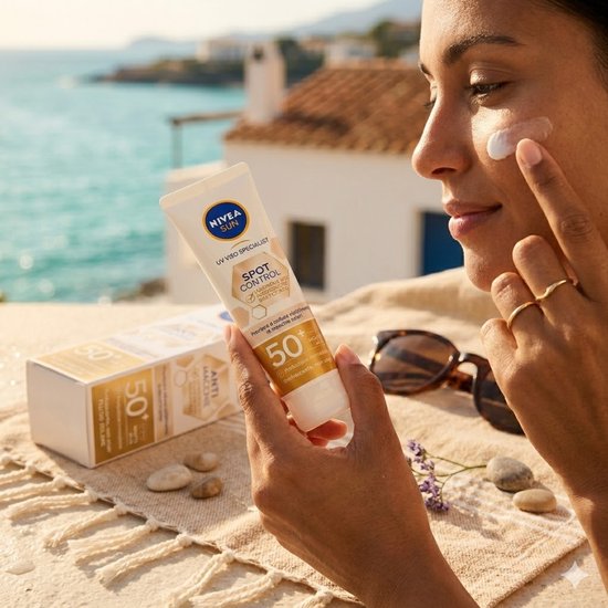 Vrouw brengt Nivea Sun Spot Control SPF 50+ gezichtszonnebrandcrème aan op het strand. Textuur 50+ UV Viso Specialist.